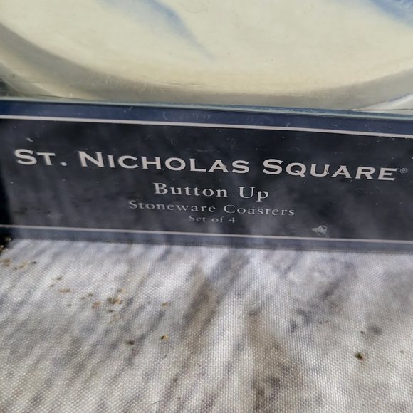 St. Nicholas Square BUTTON UP 4.25" Drink Coaster 4P Set  Snowman Blue White NEW - Picture 3 of 4
